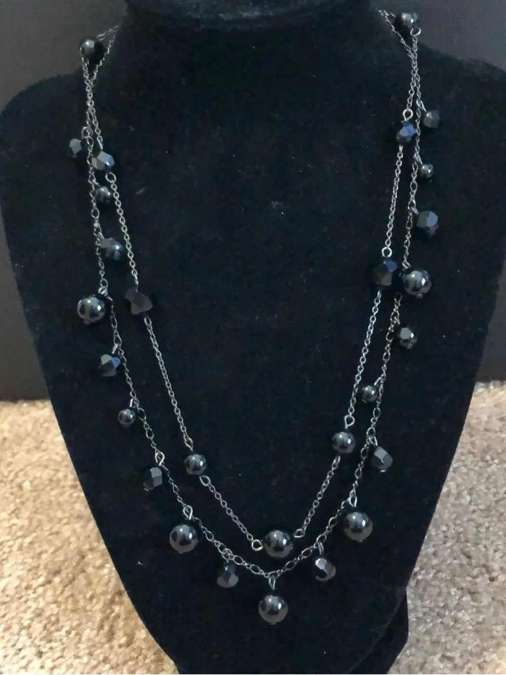 Black Multi-Strand Beaded Necklace | Faceted & Round Beads